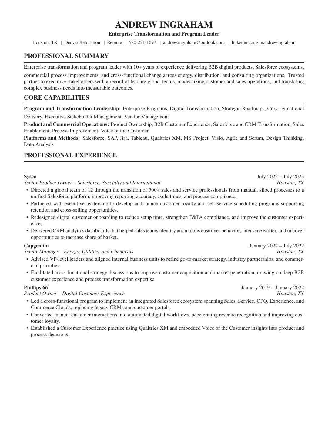 First page of Andrew Ingraham’s résumé, including his professional summary and recent experience.